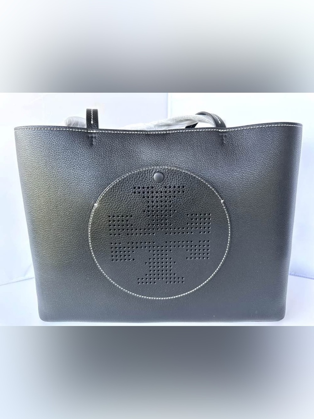 Tory Burch Perforated Logo Tote Black Bag Shoulder Handbag Leather